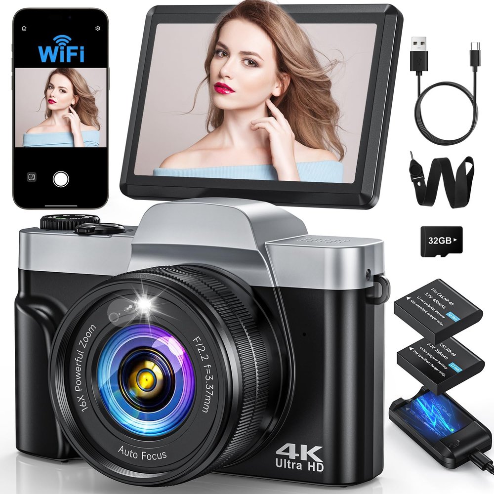 4K Digital Camera with WiFi 64MP Autofocus Vlogging Camera Compact Travel Cameras for Photography, 3" 180 Flip Screen 16X Zoom Flash Anti-Shake, Point and Shoot Camera for Beginner, Easy to Use