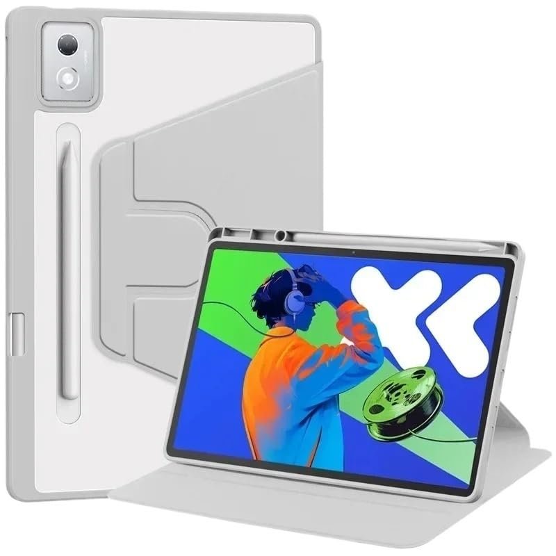 360 Rotating Stand Case Suitable for Lenovo Xiaoxin Pad Pro 12.7inch TB-371FC 2025 Transparent Back Cover with Pen Slot(Gray)
