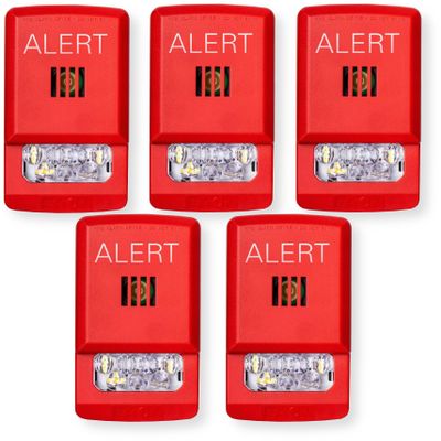 ELHSR-AL Pack of 5 Horn Strobes, Red; Alert Lettering, Clear Lens; LED Technology; Indoor; Wall Mounting; 15/30/75/110/135/185 cd; 86 dBA Sound Level; 24V; Mounting Plate Included