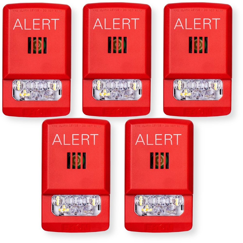 ELHSR-AL Pack of 5 Horn Strobes, Red; Alert Lettering, Clear Lens; LED Technology; Indoor; Wall Mounting; 15/30/75/110/135/185 cd; 86 dBA Sound Level; 24V; Mounting Plate Included
