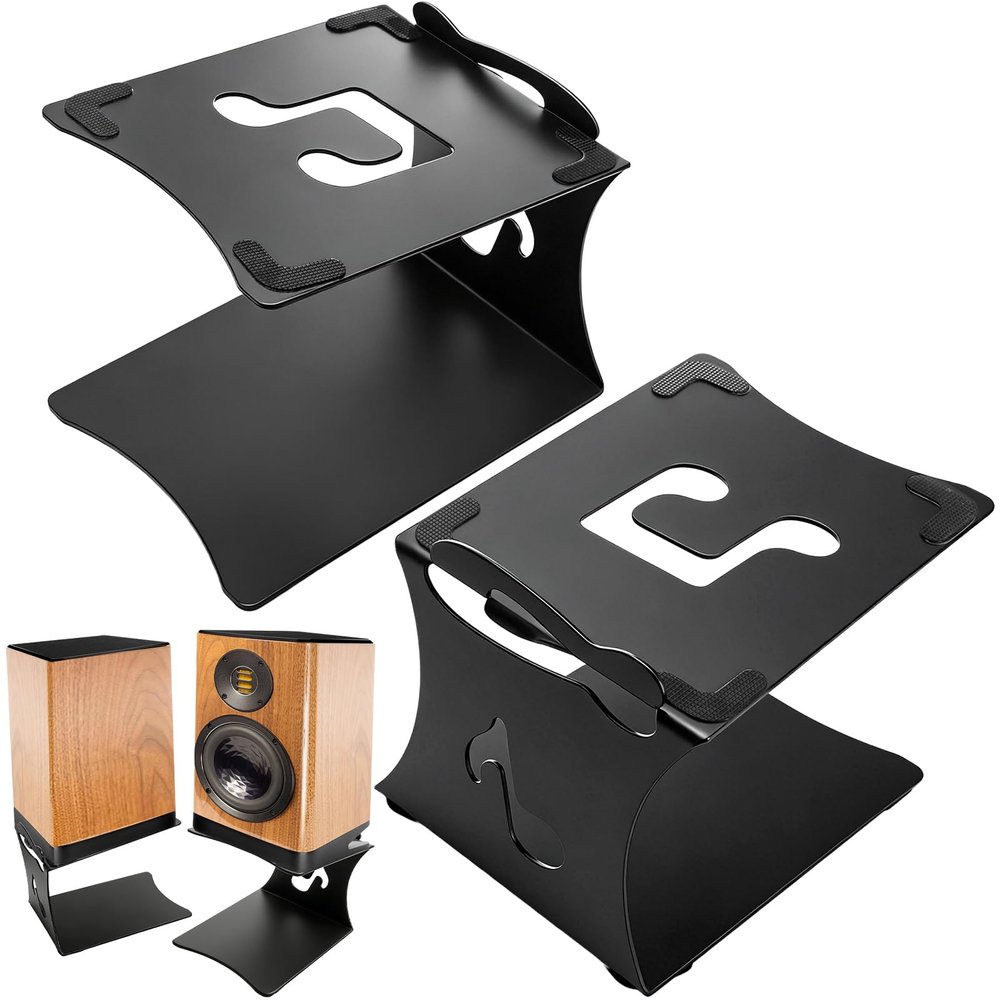 ELFULLY 2 Pack Desktop Speaker Stands with Vibration Absorption Pads, Metal Bookshelf Speaker Riser Pair Support Up to 15lbs Each, Desk Audio Stand, Studio Monitor Stand for Computer Speakers, Black