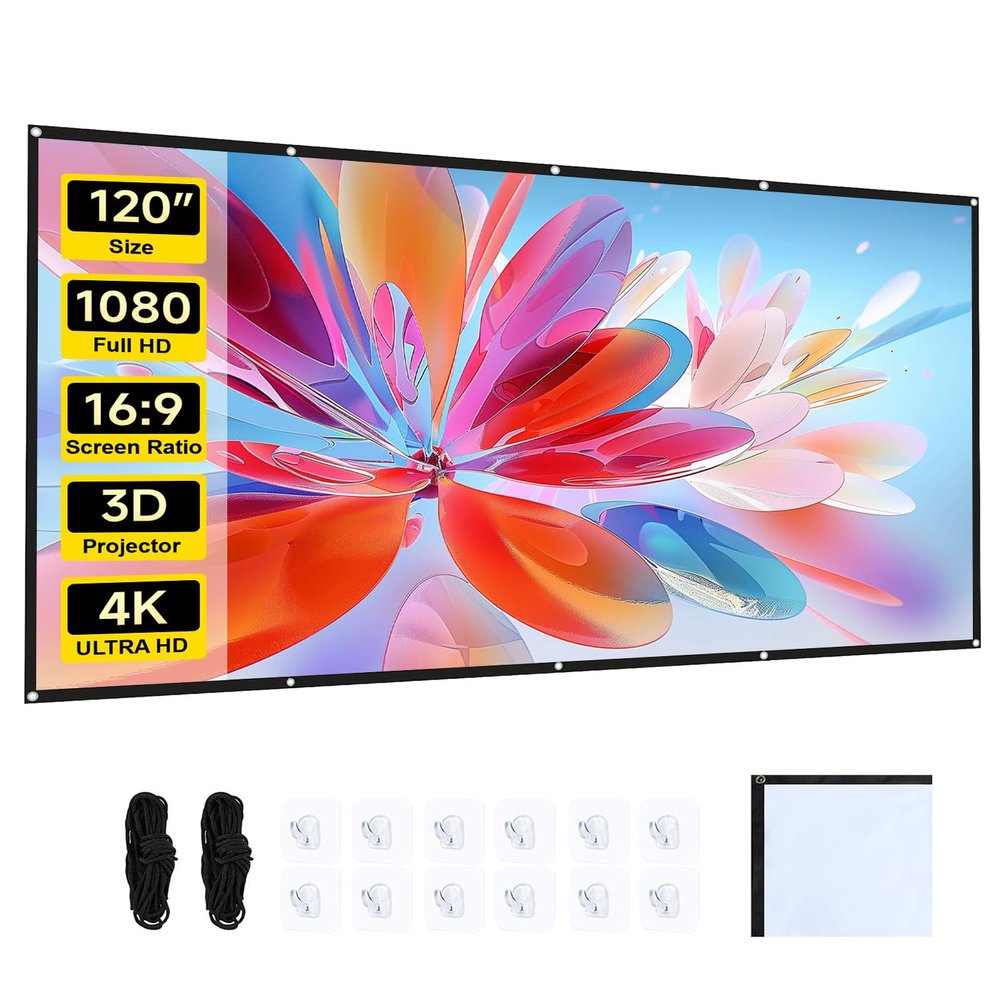 4K HD Projector Screen 16:9 120 Inch, Washable Wrinkle-Resistant Portable Foldable Movie Screen with Hooks Kit, for Gaming& Outdoor Camping