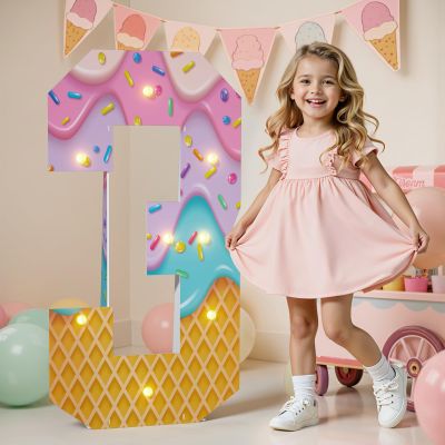 imprsv Ice Cream Birthday Party Decorations, 3FT Light Up Marquee Number 3