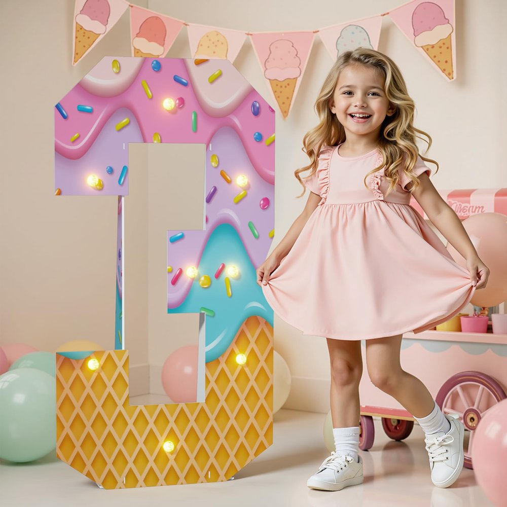 imprsv Ice Cream Birthday Party Decorations, 3FT Light Up Marquee Number 3