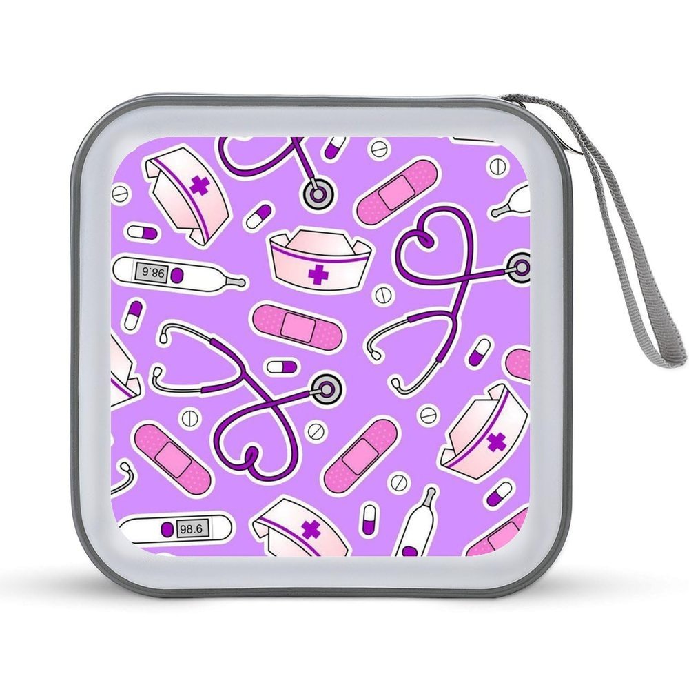 LOKLNEYK Nurse Pattern Purple DVD Case Large Storage Disc Wallet Bag Portable Zipper CD Case Holder CD Organizer Wallet 48 Capacity Hard Plastic DVD Cases for Car Home Travel