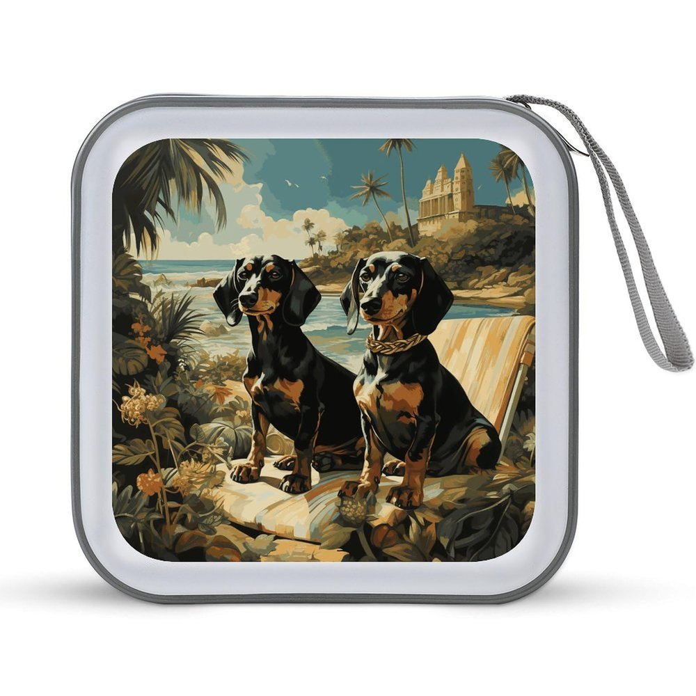 LOKLNEYK Dachshund Dog Bento DVD Case Large Storage Disc Wallet Bag Portable Zipper CD Case Holder CD Organizer Wallet 48 Capacity Hard Plastic DVD Cases for Car Home Travel