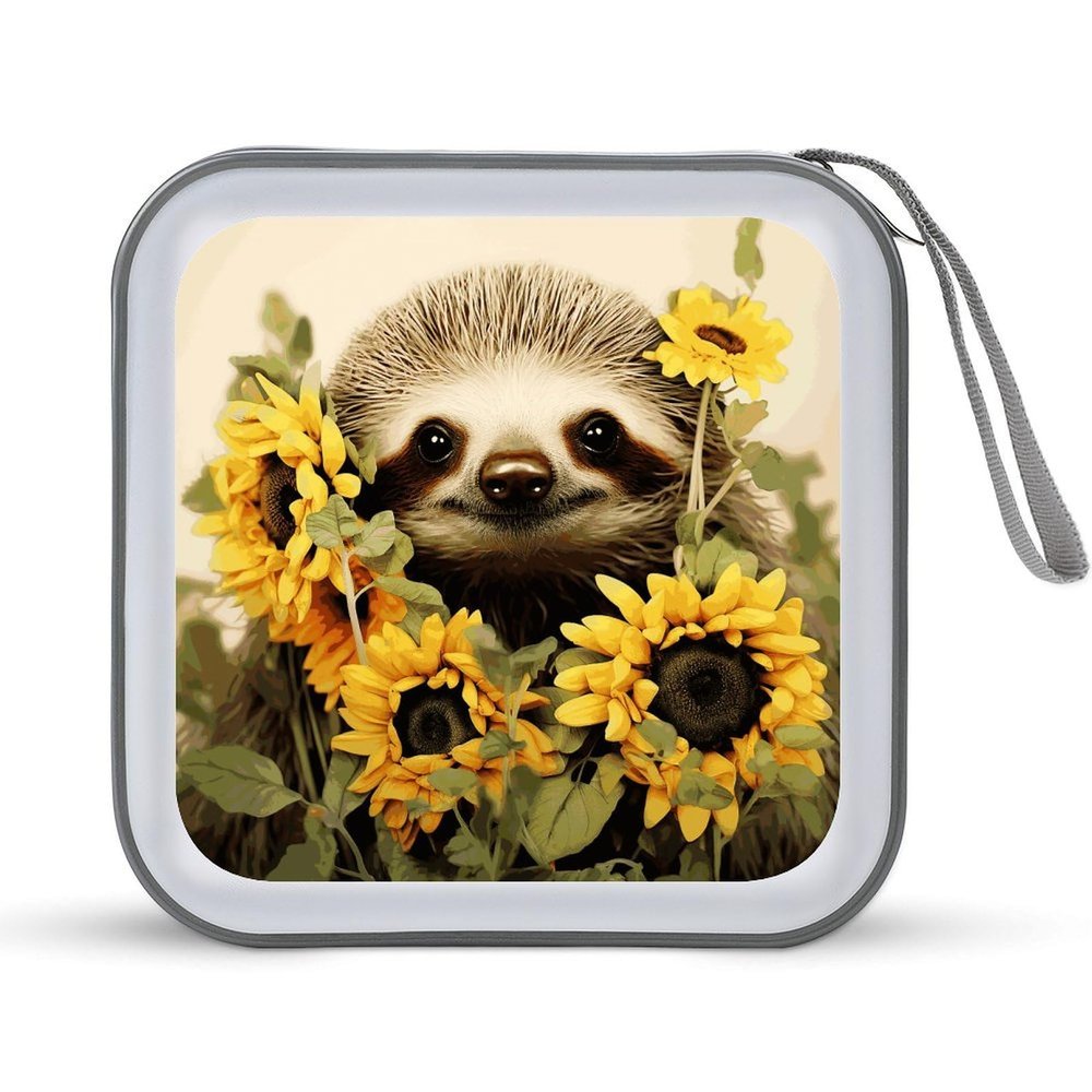 LOKLNEYK Sloth Sunflower DVD Case Large Storage Disc Wallet Bag Portable Zipper CD Case Holder CD Organizer Wallet 48 Capacity Hard Plastic DVD Cases for Car Home Travel