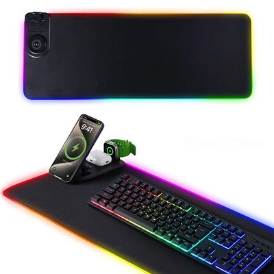 HomeBeyond RGB Gaming Mouse Pad, Wireless Charging Mouse Mat Fast Charging for Phones Earbuds & Apple Watch, 15 Dynamic Lighting Modes, 31.5''x11.8'' Large Keyboard Pad with Magnetic Phone Holder
