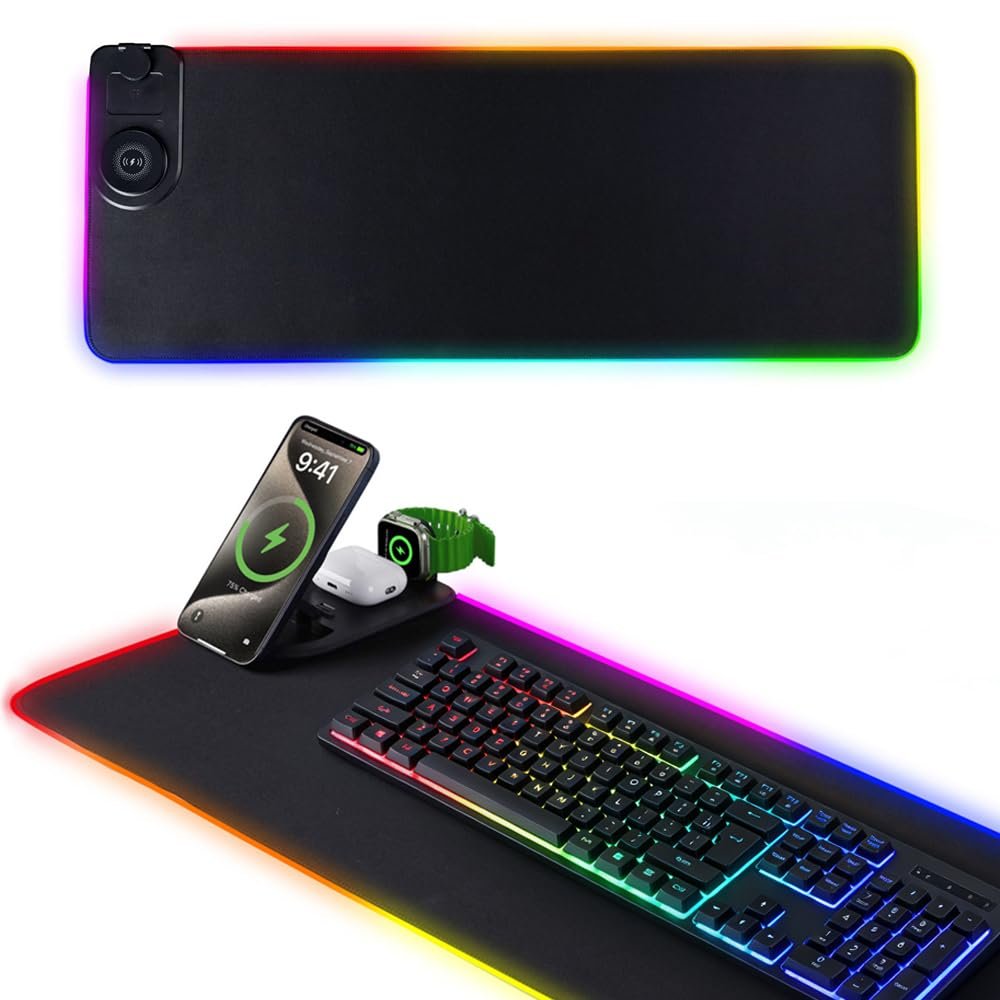 HomeBeyond RGB Gaming Mouse Pad, Wireless Charging Mouse Mat Fast Charging for Phones Earbuds & Apple Watch, 15 Dynamic Lighting Modes, 31.5''x11.8'' Large Keyboard Pad with Magnetic Phone Holder