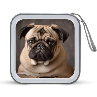 LOKLNEYK Animal Pug Dog DVD Case Large Storage Disc Wallet Bag Portable Zipper CD Case Holder CD Organizer Wallet 48 Capacity Hard Plastic DVD Cases for Car Home Travel