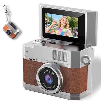 Upgrade Mini Digital Camera with 1.47 in LCD Screen, with 180 Flip Screen, Video Mode & Beauty Filters, Flip-Screen Retro CCD Portable Mini Keychain Digital Camera (128G,Brown)
