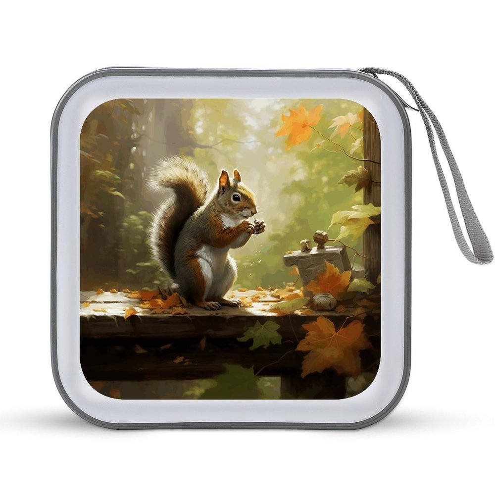 LOKLNEYK Squirrel Eats Nuts DVD Case Large Storage Disc Wallet Bag Portable Zipper CD Case Holder CD Organizer Wallet 48 Capacity Hard Plastic DVD Cases for Car Home Travel
