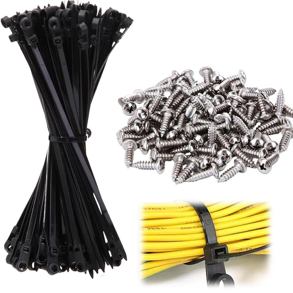 100pcs Self-locking Cable Tie, Multi-Purpose Cable Zip Ties with Screw Hole and Screws, Nylon Fasteners Cables Clips Management Heavy Duty Cables Zip Ties for Indoor Outdoor Use (Black)