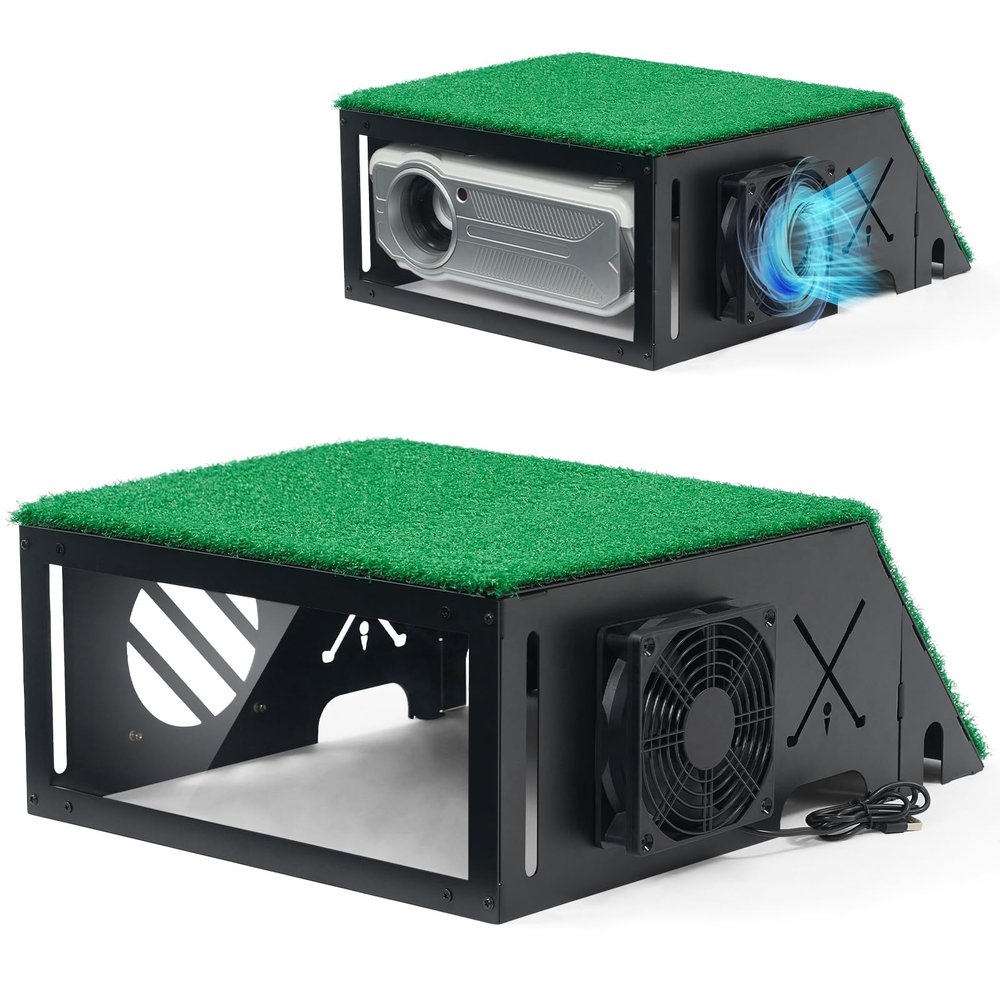 KULAMOON Golf Simulator Projector Cover, Heavy Duty Floor-Mounted Projector Enclosure with Cooling Fan& Artificial Turf-Total Protection for Your Golf Simulation