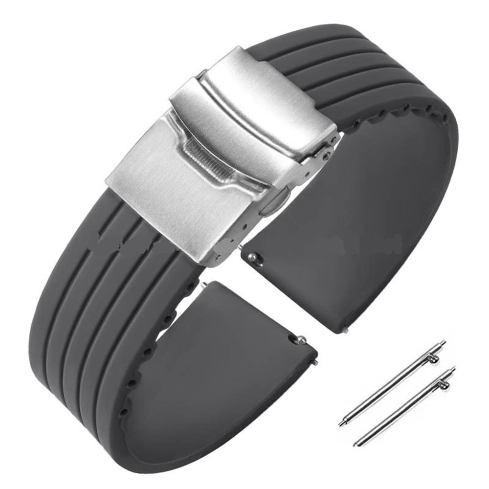 18mm 20mm 22mm 24mm Quick Release Silicone Watchband Rubber Sport Straps(Gray-Silver,18mm)