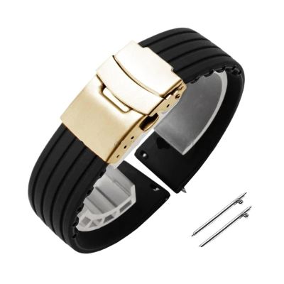 18mm 20mm 22mm 24mm Quick Release Silicone Watchband Rubber Sport Straps(Black-Gold,20mm)