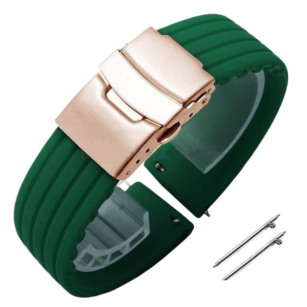 18mm 20mm 22mm 24mm Quick Release Silicone Watchband Rubber Sport Straps(Green-Rosegold,18mm)