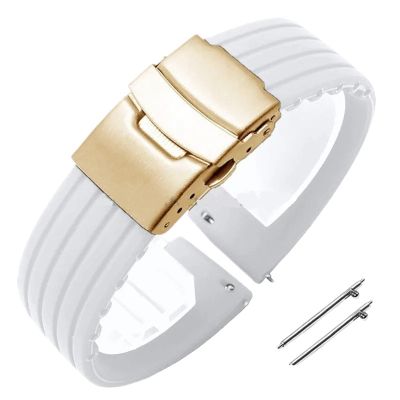18mm 20mm 22mm 24mm Quick Release Silicone Watchband Rubber Sport Straps(White-Gold,20mm)
