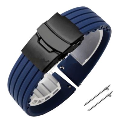 18mm 20mm 22mm 24mm Quick Release Silicone Watchband Rubber Sport Straps(Midnight Blue-Black,24mm)