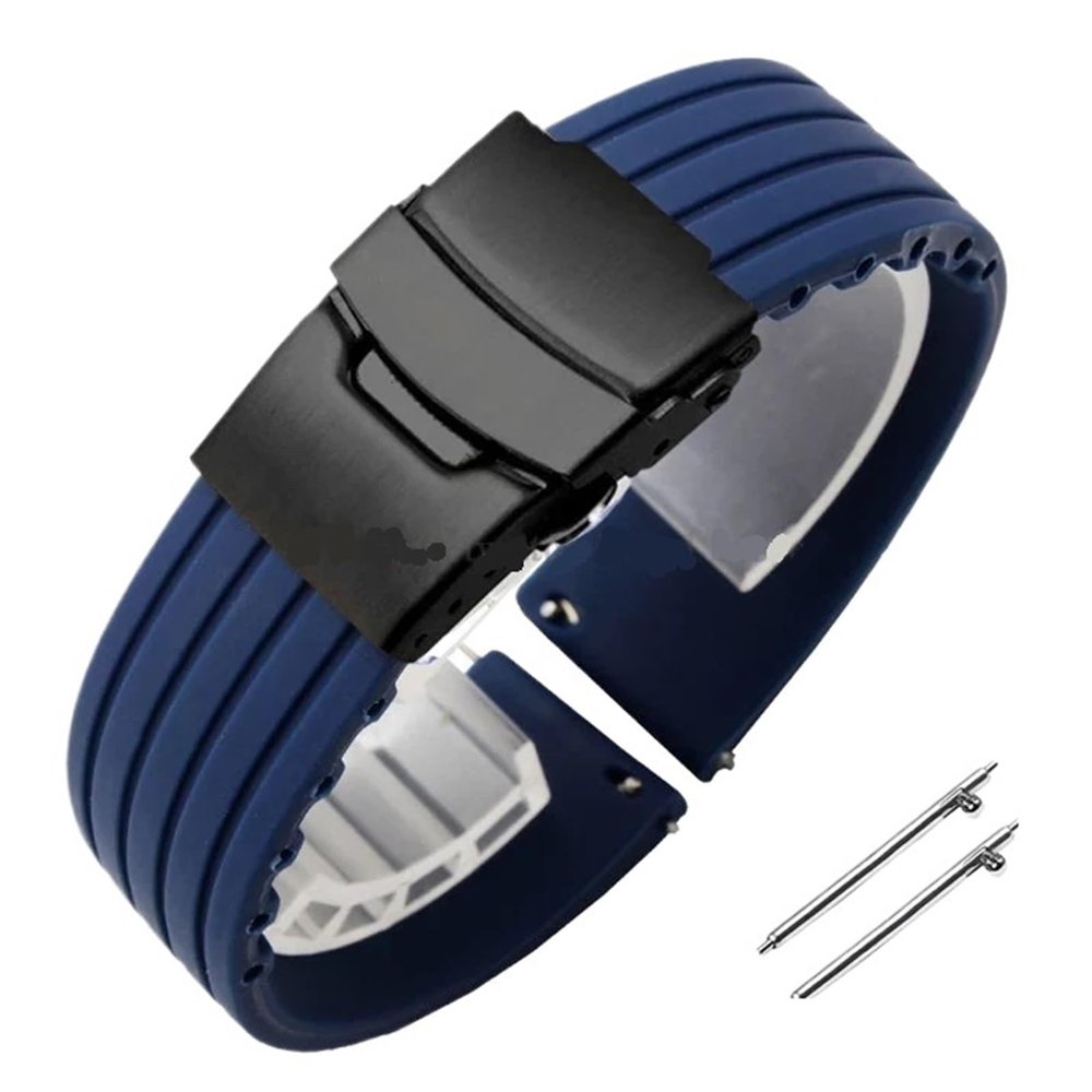 18mm 20mm 22mm 24mm Quick Release Silicone Watchband Rubber Sport Straps(Midnight Blue-Black,24mm)