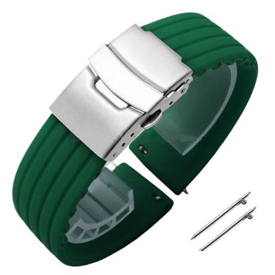 18mm 20mm 22mm 24mm Quick Release Silicone Watchband Rubber Sport Straps(Green-Silver,24mm)