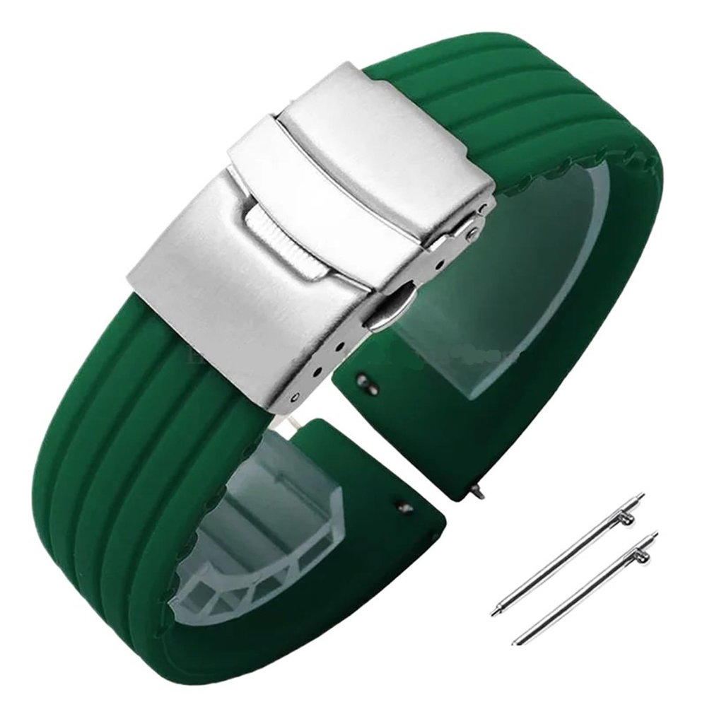 18mm 20mm 22mm 24mm Quick Release Silicone Watchband Rubber Sport Straps(Green-Silver,24mm)