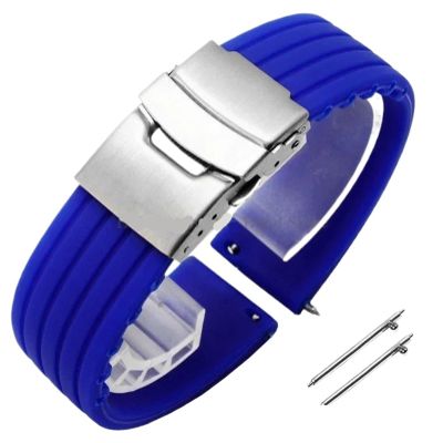 18mm 20mm 22mm 24mm Quick Release Silicone Watchband Rubber Sport Straps(Blue-Silver,22mm)