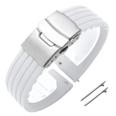 18mm 20mm 22mm 24mm Quick Release Silicone Watchband Rubber Sport Straps(White-Silver,18mm)