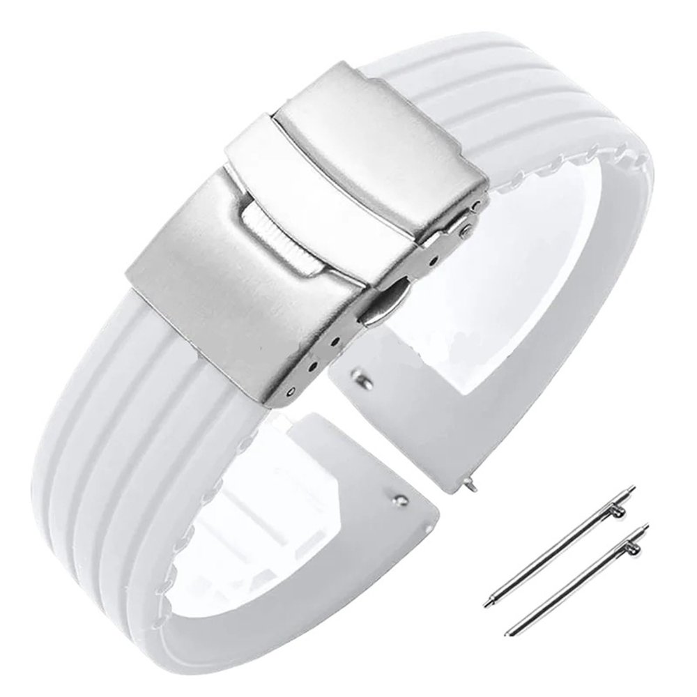 18mm 20mm 22mm 24mm Quick Release Silicone Watchband Rubber Sport Straps(White-Silver,18mm)