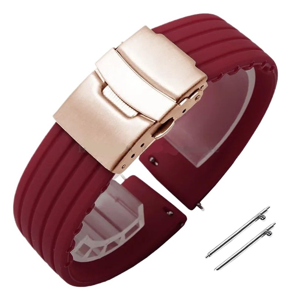 18mm 20mm 22mm 24mm Quick Release Silicone Watchband Rubber Sport Straps(DarkRed-Rosegold,18mm)