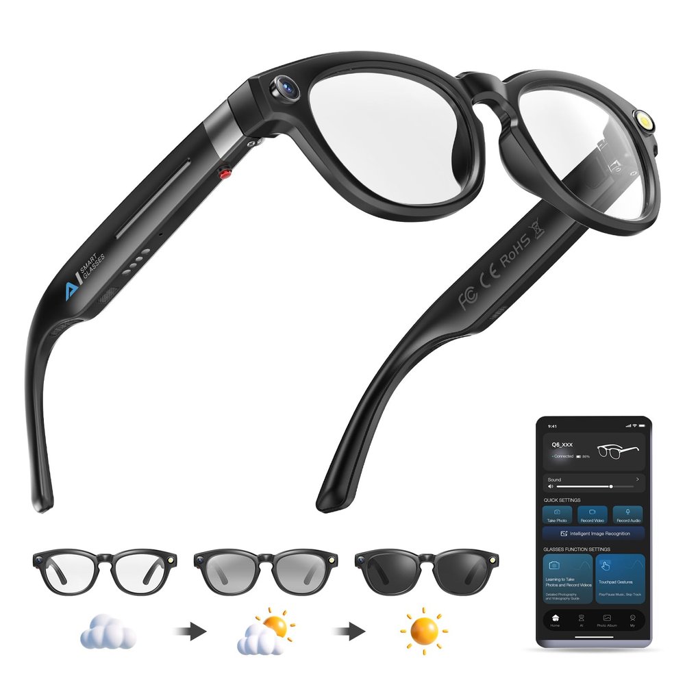 AI Smart Glasses with 4K Camera & Flash Light, Bluetooth Hands-Free Video Recording Sunglasses, Real-Time Translator for 100+ Languages, Photochromic Lenses, ChatGPT Voice Assistant, Music & Calls