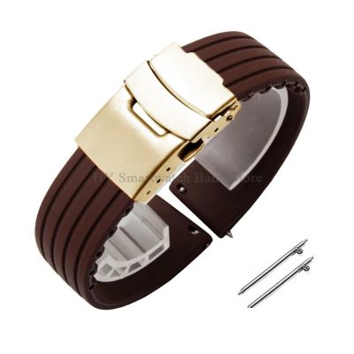 18mm 20mm 22mm 24mm Quick Release Silicone Watchband Rubber Sport Straps(Brown-Gold,24mm)