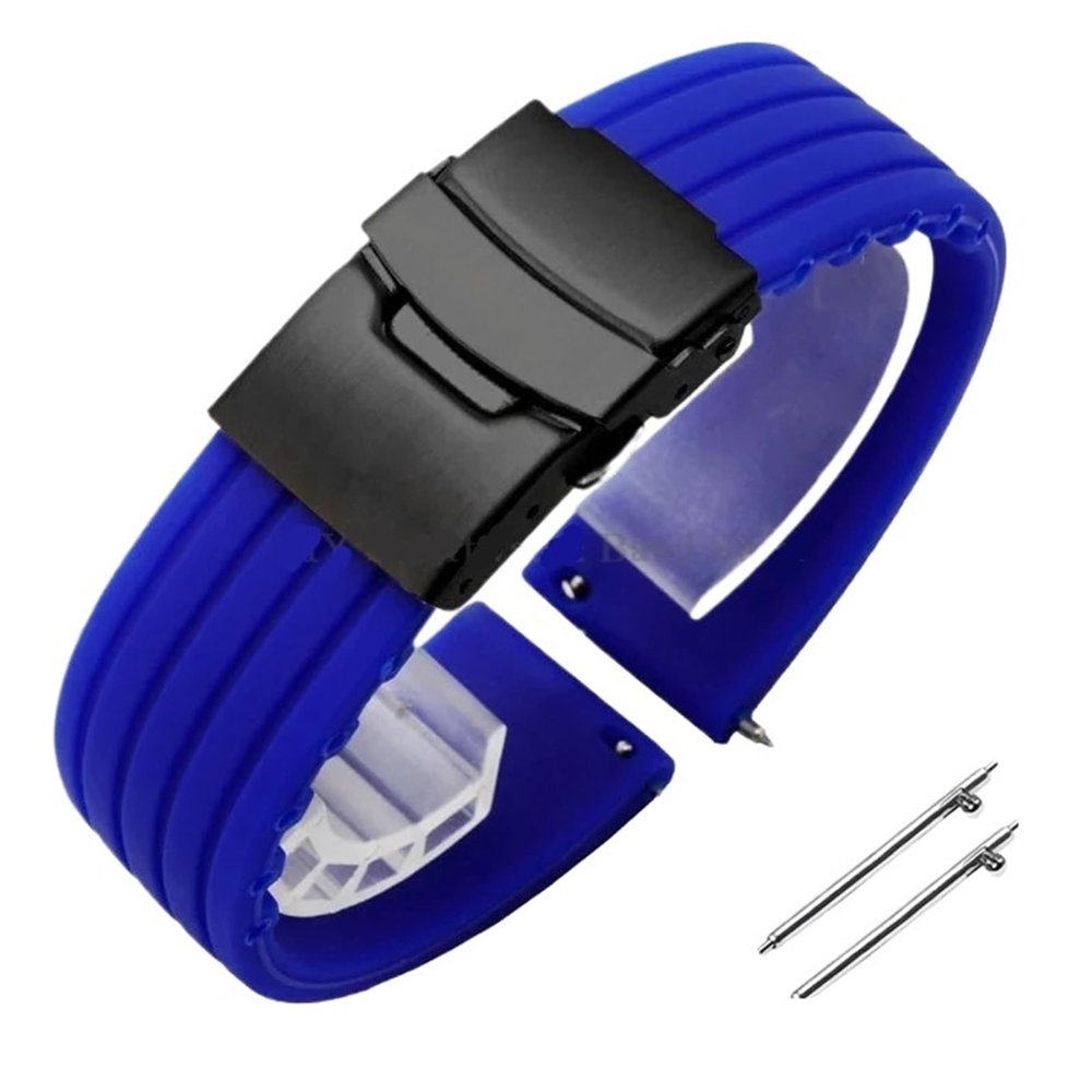 18mm 20mm 22mm 24mm Quick Release Silicone Watchband Rubber Sport Straps(Blue-Black,18mm)