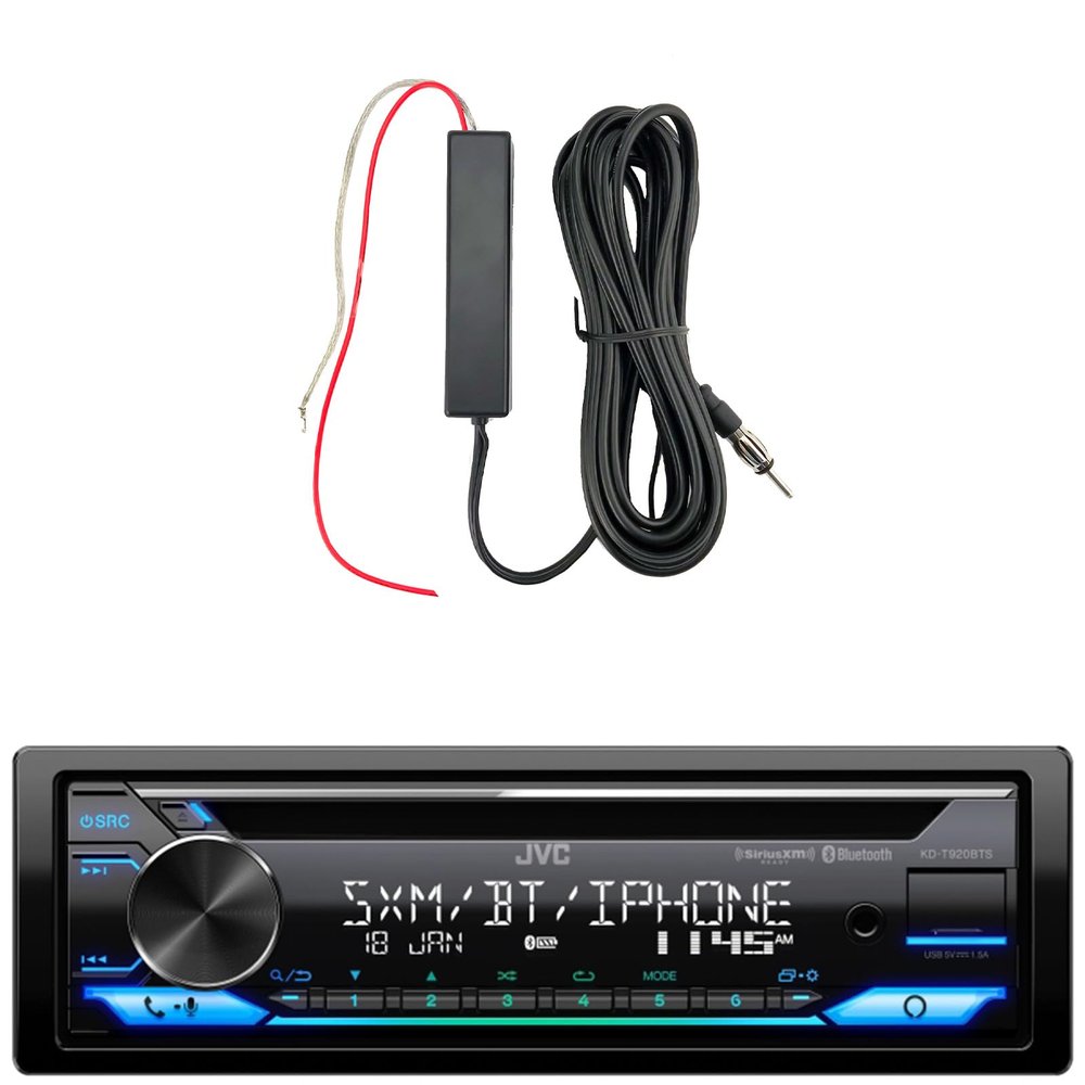 JVC KD-T920BTS Single DIN Bluetooth USB/AUX CD Player AM/FM Radio Multimedia Stereo Amazon Alexa Built-in Receiver, 12V Black Signal Reception Amplifier Booster Kit (CD  Bluetooth)