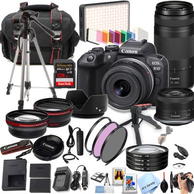 Canon EOS R10 24.2MP APS-C CMOS Sensor Mirrorless Camera with 18-45mm + 75-300mm Lenses + 128GB Extreme Memory, LED Video Light, Wide Angle Lens, Telephoto Lens, Filters- 44pc Pro Bundle (Renewed)