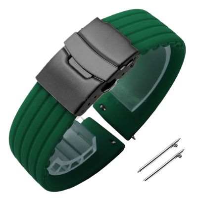 18mm 20mm 22mm 24mm Quick Release Silicone Watchband Rubber Sport Straps(Green-Black,24mm)