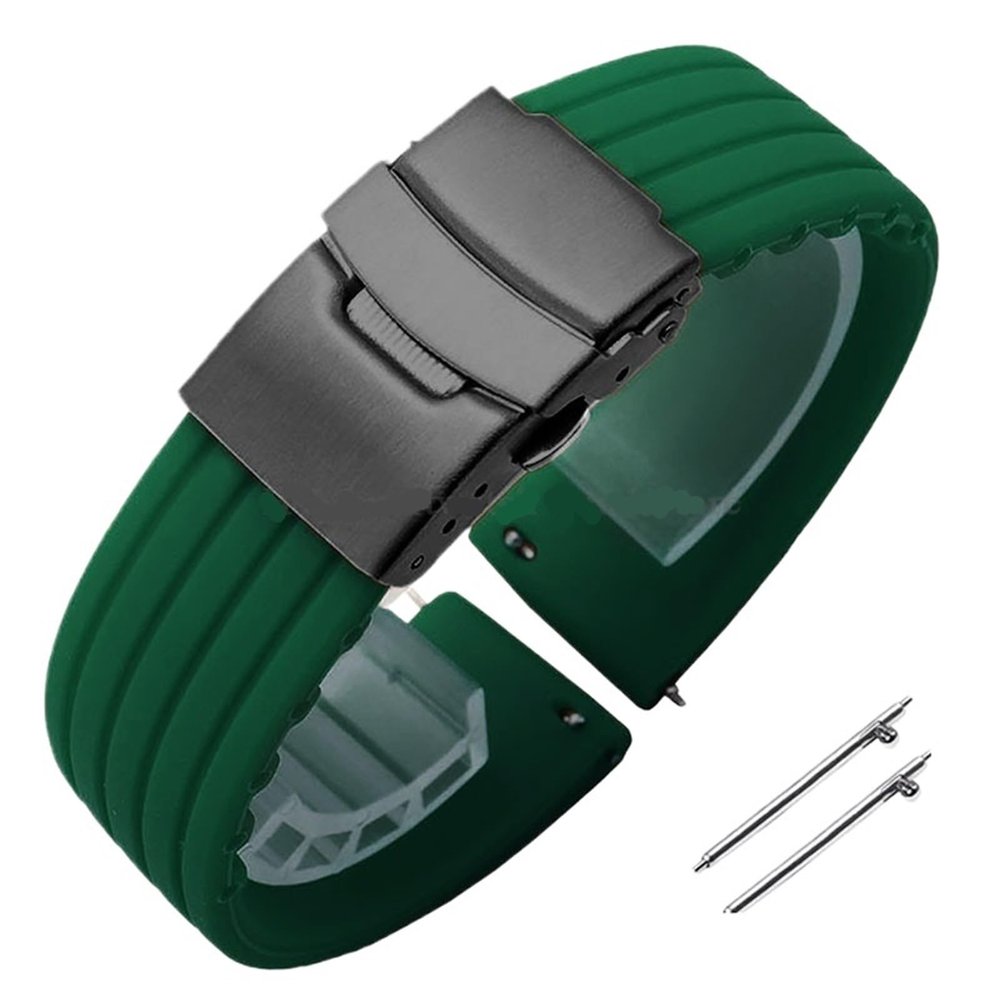 18mm 20mm 22mm 24mm Quick Release Silicone Watchband Rubber Sport Straps(Green-Black,24mm)