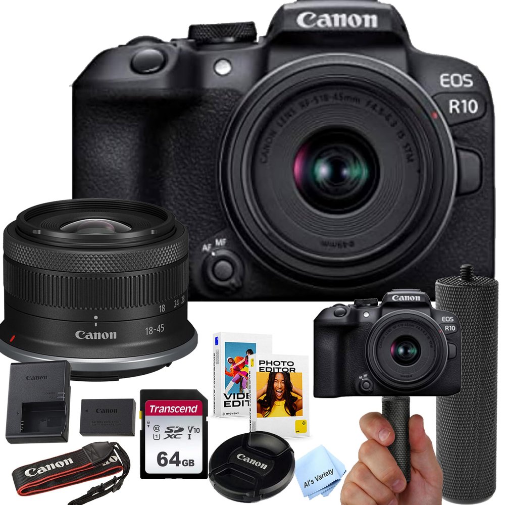 Canon EOS R10 24.2MP APS-C CMOS Sensor Mirrorless Camera with 18-45mm Lens + 64GB Memory + Stabilizing Grip + Software Pack +More (Value Bundle) (Renewed)