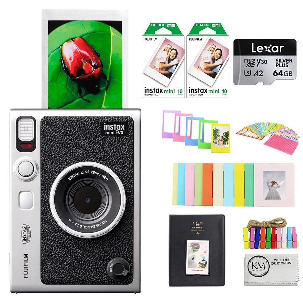 FUJIFILM INSTAX MINI EVO Hybrid Instant Camera | Black Bundle with Instax Mini Film | 20 Exposures + 64GB Micro SD Card + Mini Album, Borders, Stickers & Clips + Cleaning Cloth (5 Items)