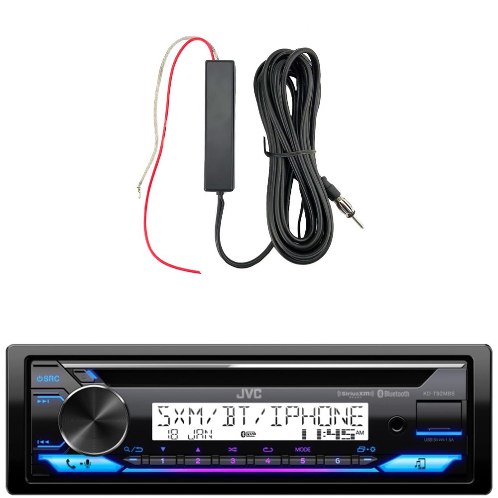 JVC KD-T92MBS Single DIN Marine Motorsports Bluetooth USB/AUX CD Player AM/FM Radio Stereo Receiver, 12V Stereo Radio Antenna Black Signal Reception Amplifier Booster Kit