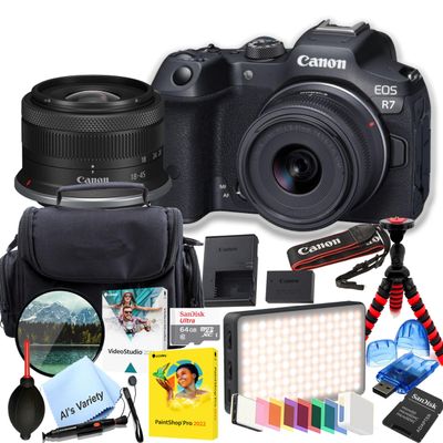 Canon EOS R7 32.5MP APS-C CMOS Sensor Mirrorless Camera with 18-45mm Lens + 64GB Memory, LED Video Light, Filter, Tripod and More (Renewed)
