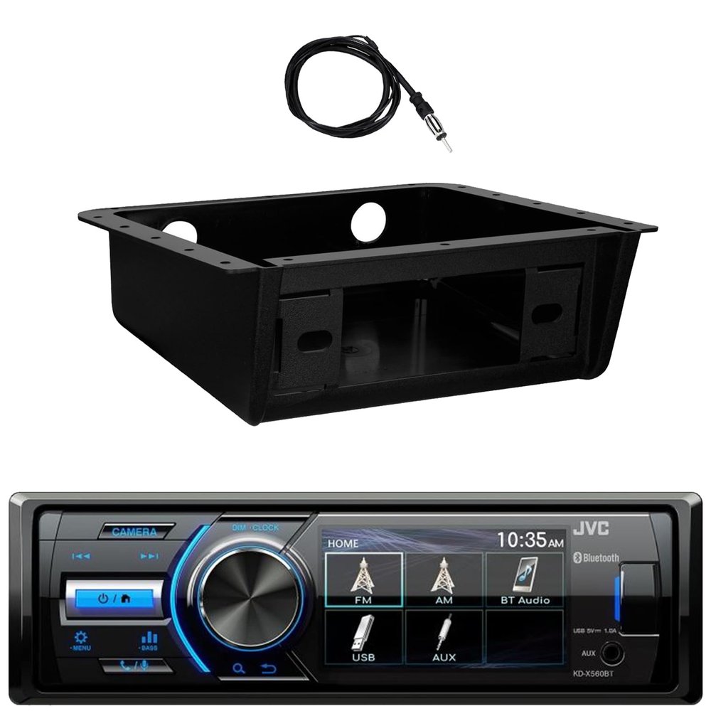 JVC KD-X560BT Single DIN Marine Bluetooth Motorsports USB/AUX AM/FM Radio Digital Media Stereo Receiver W/Fully Enclosed Under Dash/Overhead Installation Mounting Kit, 22" Radio Antenna