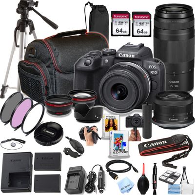 Canon EOS R10 24.2MP APS-C CMOS Sensor Mirrorless Camera with 18-45mm+ 75-300mm Lenses, 128GB Memory, Tripod, Stabilizing Grip, Filters, Lenses, Case, Software, More (Premium Bundle) (Renewed)