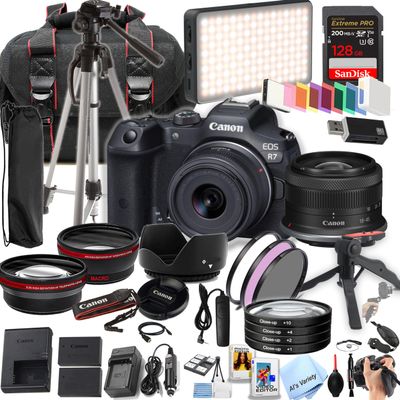 Canon EOS R7 32.5MP APS-C CMOS Sensor Mirrorless Camera with 18-45mm Lens+ 128GB Extreme Memory, LED Video Light, Wide Angle Lens, Telephoto Lens, 3pc Filter Kit- 42pc Pro Bundle (Renewed)
