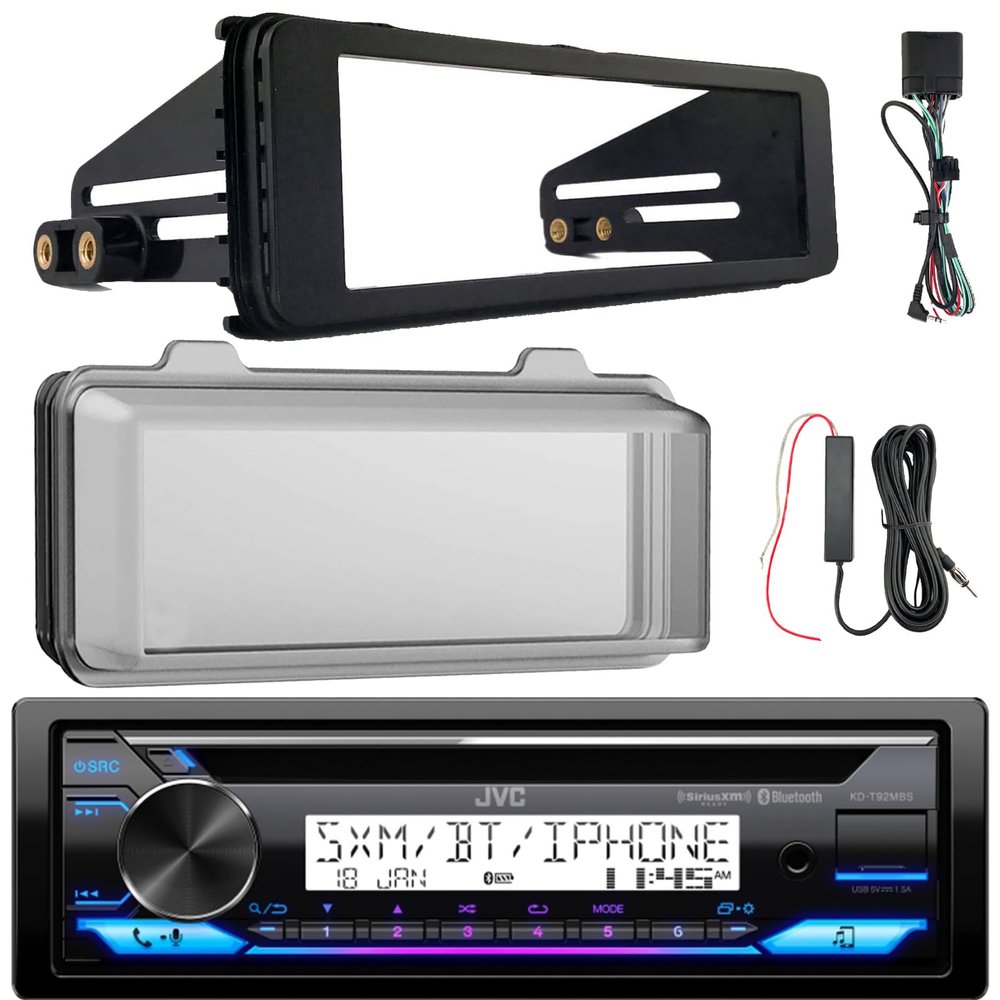 JVC KD-T92MBS Single DIN Marine Motorsports Bluetooth USB/AUX CD Player AM/FM Radio Stereo Receiver W/Stereo Install Kit + Weather Shield Receiver Cover, 12V Signal Reception Amplifier Booster Kit