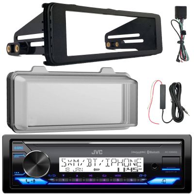 JVC KD-X38MBS Single DIN Marine Motorsports Bluetooth USB/AUX LED AM/FM SiriusXM Ready Stereo Receiver W/Stereo Install Kit + Weather Shield Receiver Cover, 12V Signal Reception Amplifier Booster Kit