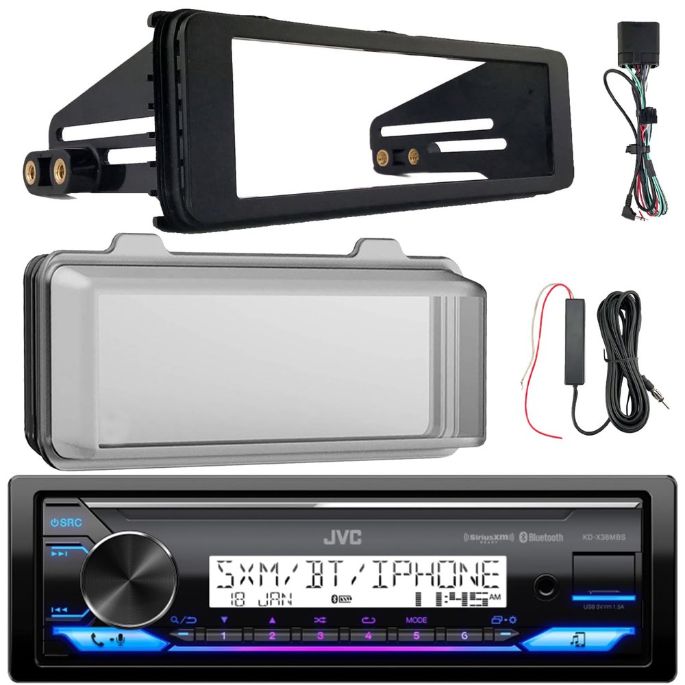 JVC KD-X38MBS Single DIN Marine Motorsports Bluetooth USB/AUX LED AM/FM SiriusXM Ready Stereo Receiver W/Stereo Install Kit + Weather Shield Receiver Cover, 12V Signal Reception Amplifier Booster Kit