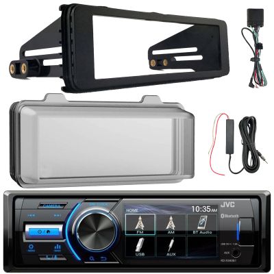 JVC KD-X560BT Single DIN Marine Bluetooth Motorsports USB/AUX AM/FM Radio Digital Media Stereo Receiver W/Stereo Install Kit + Weather Shield Receiver Cover, Signal Reception Amplifier Booster Kit