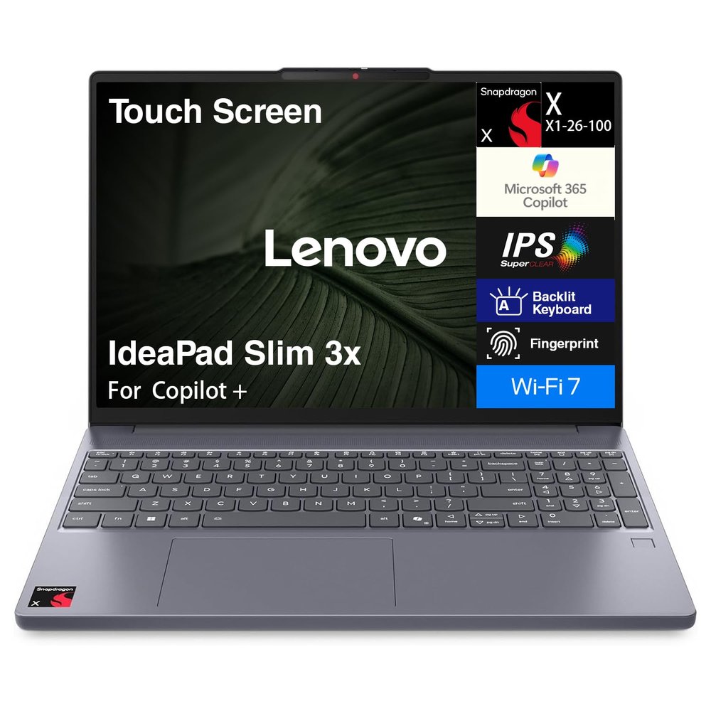 Lenovo IdeaPad Slim 3x Copilot +Laptop 15.3" Touchscreen WUXGA Display (Qualcomm Snapdragon X X1-26-100, 16GB LPDDR5X, 2TB M.2 SSD, Qualcomm Adreno, Backlit, Fingerprint, 720p Webcam, Win 11 Home)
