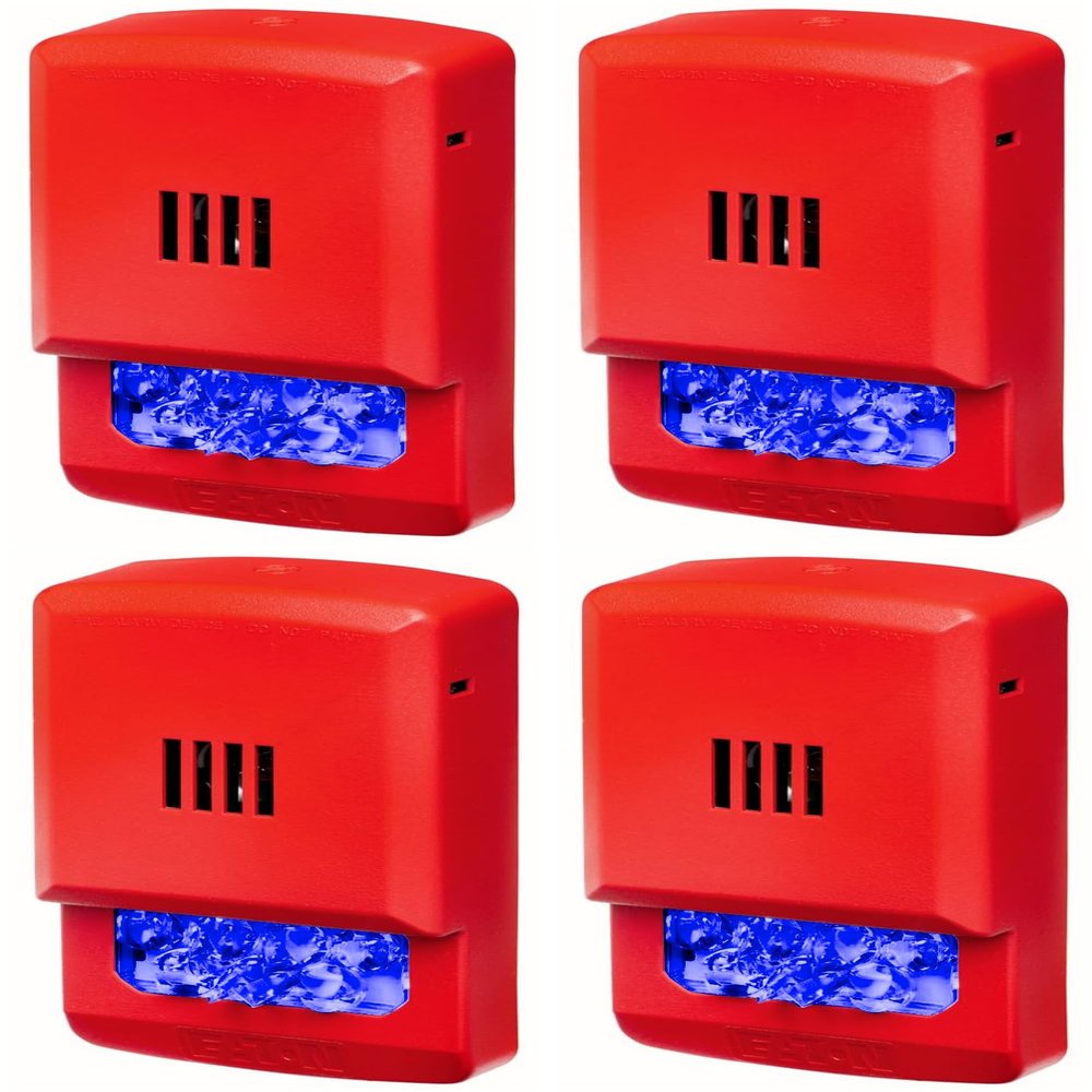 ELHSR-NB Pack of 4 Horn Strobes, Red; No Lettering, Blue Lens; LED Technology; Indoor; Wall Mounting; 15/30/75/110/135/185 cd; 86 dBA Sound Level; 24V; Mounting Plate Included